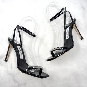 NEW Jimmy Choo Jaxon 95 Patent Leather Metal Logo Bar Square Toe Sandal Heels